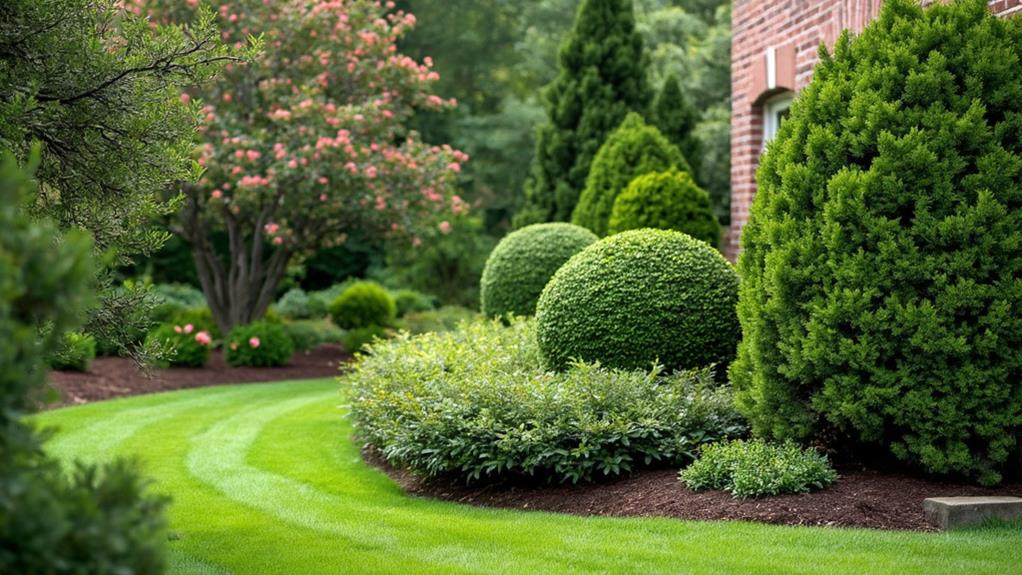 A lush garden with neatly trimmed shrubs and trees.