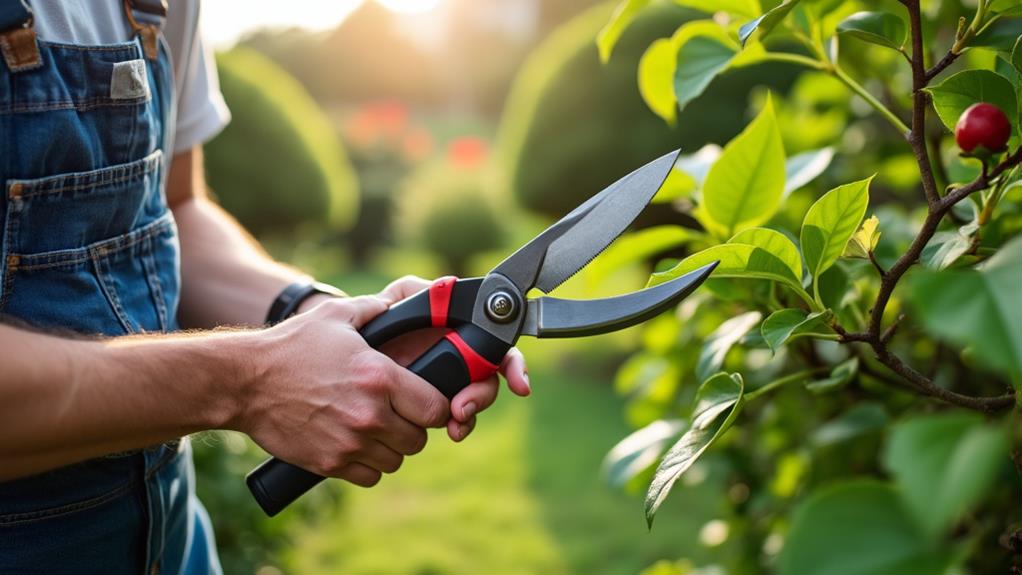 A gardener using pruning shears to trim a hedge.