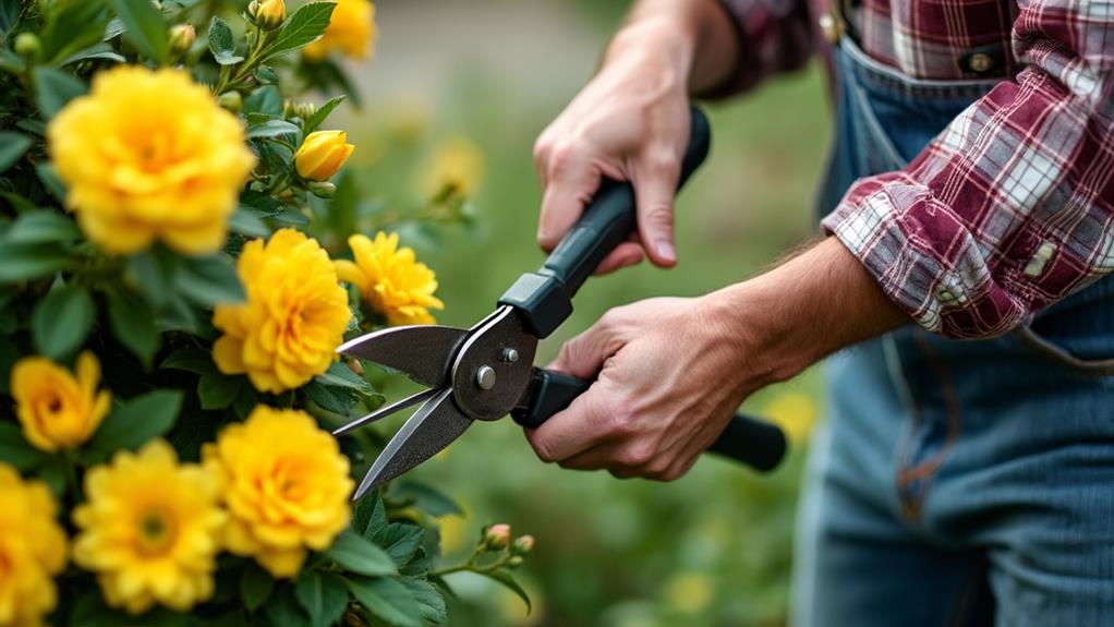 A gardener's hands carefully pruning a rose bush.