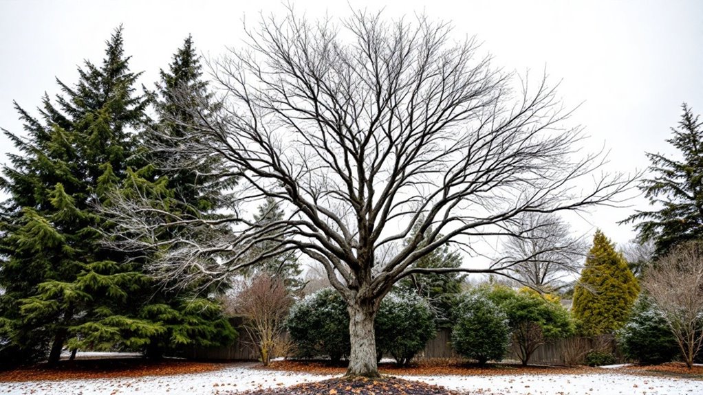 A bare deciduous tree stands out against a backdrop of evergreen trees and a snowy landscape.