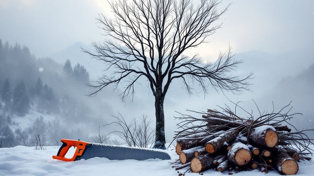 A pile of freshly cut firewood lies in the snow, with a chainsaw nearby. A bare tree stands in the background against a foggy mountain range.