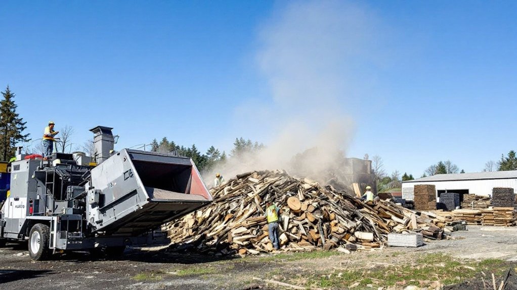 A large wood chipper is shredding a pile of tree branches and debris. Wood chips are being blown into a large pile.