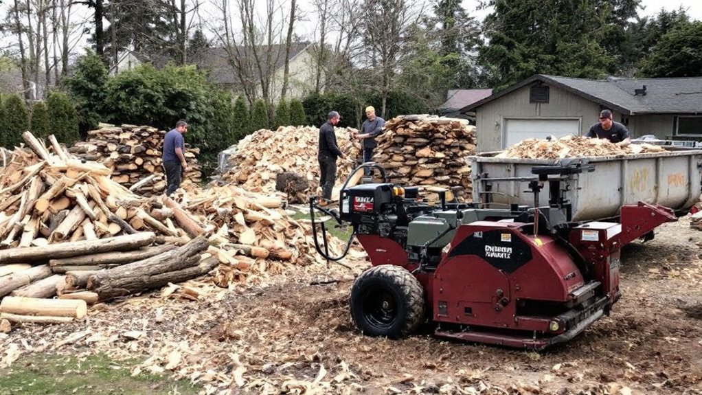 A large wood chipper is shredding a pile of tree branches and debris. Wood chips are being blown into a large pile.